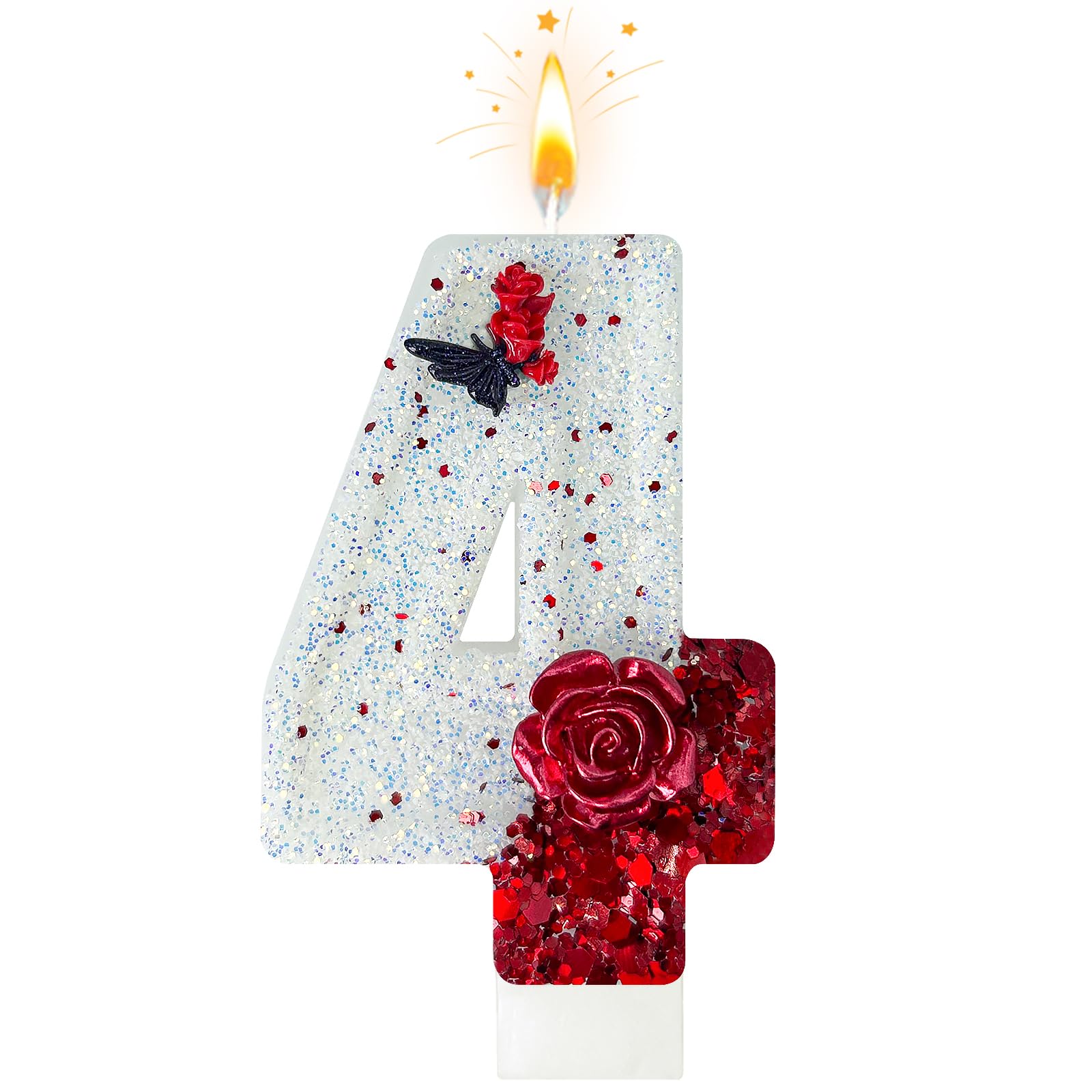4th Butterfly Birthday Candles, Number Cake Candles Decorated with Red Roses, fo