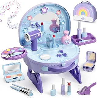 Lehoo Castle Portable Kids Vanity Toys with Pretend Makeup | 2-in-1 Toddler Makeup Vanity Dressing Table with Light and Music, Toys Gifts for 3+ Years Old Girls