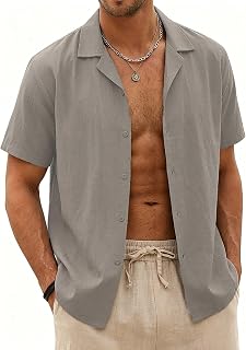 Halfword Men's Linen Short Sleeve Summer Cotton Shirt Casual Buttons Plain
