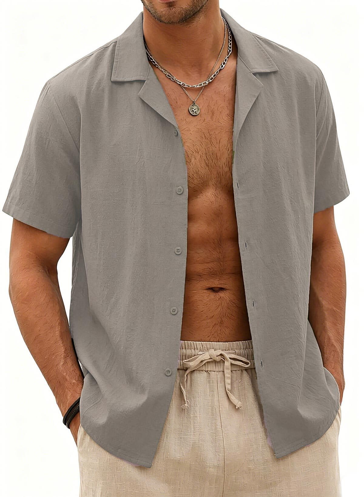 Halfword Men's Linen Short Sleeve Summer Cotton Shirt Casual Buttons Plain