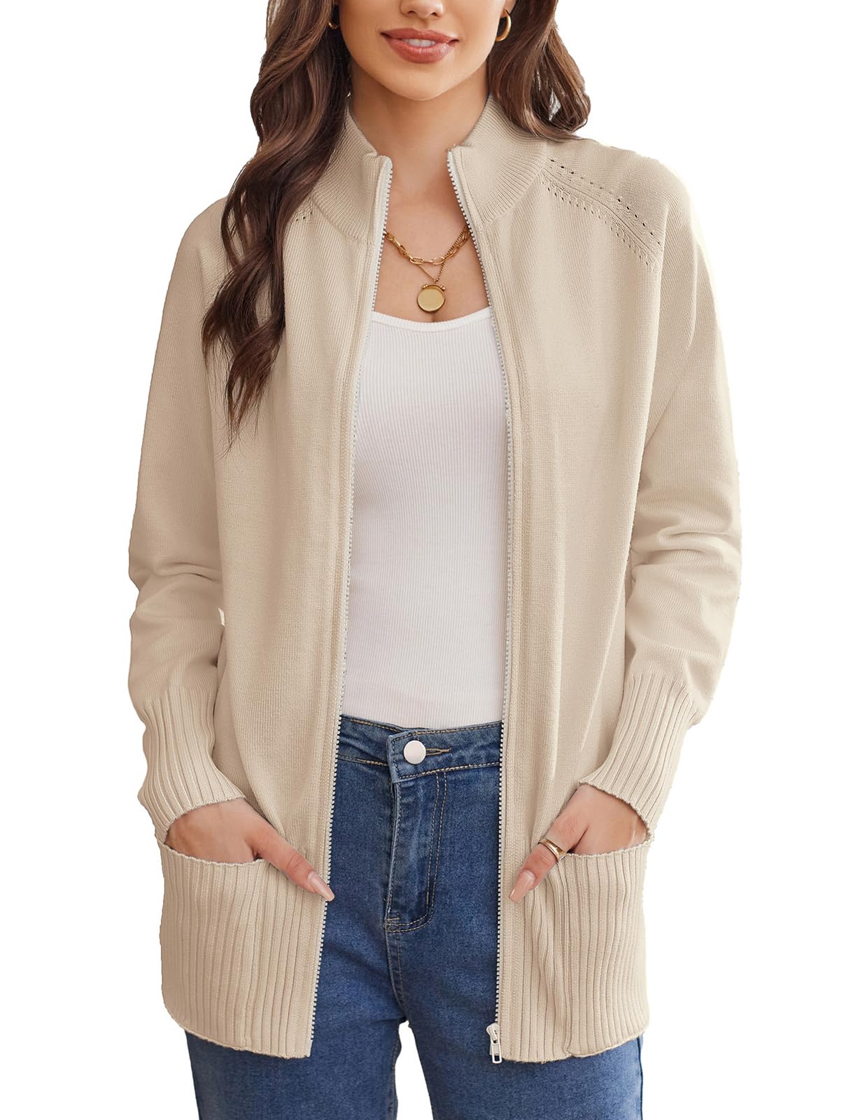 Grace Karin Women's Elegant Long Sleeve Two Pocket Stand Collar Plain Zip Cardig
