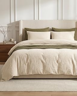 SE SOFTEXLY Muslin Duvet Cover Queen Size, 100% Washed Cotton Duvet Cover Set, Ultra Soft Comforter Cover Linen Like, 3 Pieces Minimalist Gauze Duvet Cover with 2 Pillowcases, 90"x90", Off-White