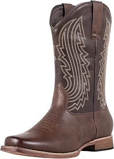 J's.o.l.e Cowboy Boots for Men Square Toe Western Boots Retro Embroidered Slip on Wide Calf Riding Country Work Boot Brown