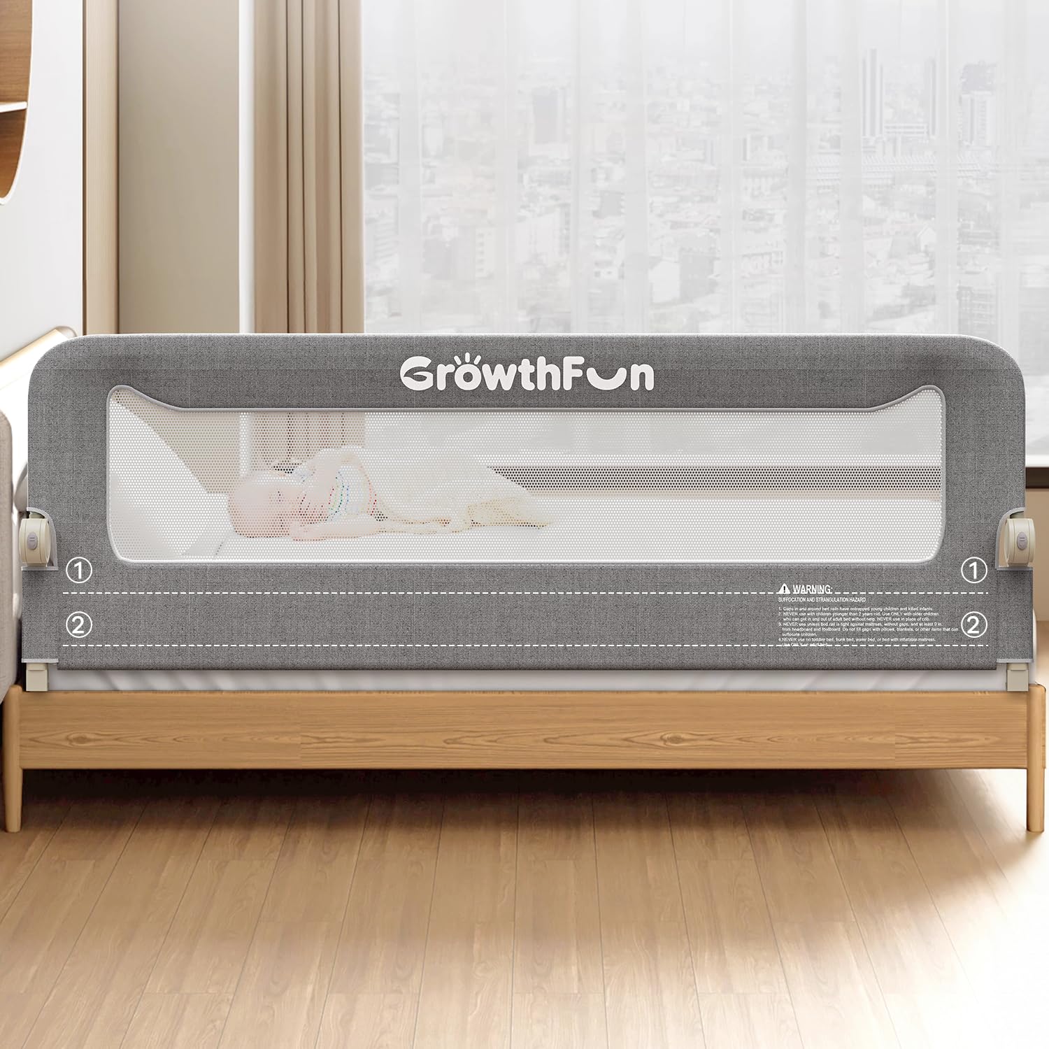 GrowthFun Foldable Bed Rail for Toddlers, 71in Reinforced Carbon Steel Frame&Con