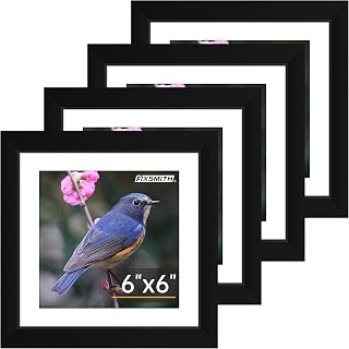 FIXSMITH 6x6 Picture Frame Set of 4, Photo Frame with HD Plexiglass, Display Pictures 4x4 with Mat or 6x6 Without Mat Multi Picture Frames Collage for Tabletop or Wall Display, Black