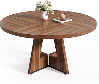 LITTLE TREE Round Dining Table for 4-6 People, 47 Inches Brown Dining Room Table with Wooden Pedestal Base, Farmhouse Dinner Tables, Circle Kitchen Tables for Dining, Kitchen, Living Room
