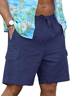 RQP Mens Linen Cargo Shorts Casual Drawstring Shorts Relaxed Fit Summer Beach for Men
