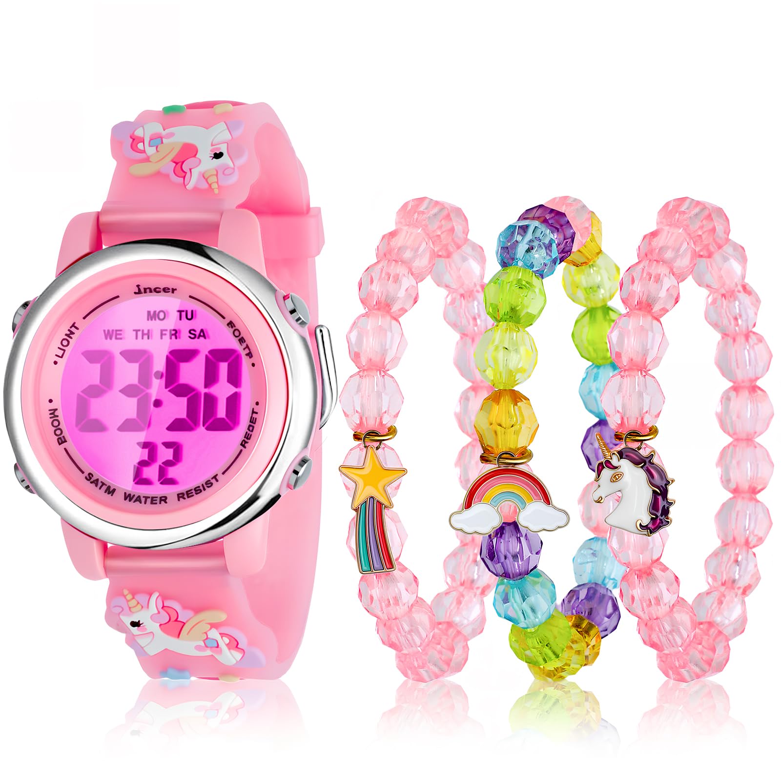 NEWITIN 4 Pieces Girls Watch Bracelets Set Multifunctional 7 Color Lights Digita