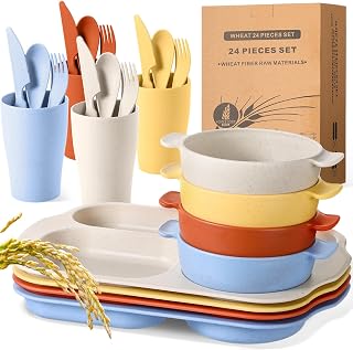 Honoson 24 pcs Wheat Straw Dinnerware Set for 4, Unbreakable, Harvest Mix