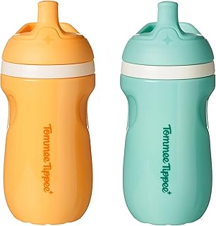 Tommee Tippee Toddler Sippy Cup, Sporty Spout, 1-3 Years, Insulated | Pack of 2, 9oz, No Spill Two-Piece Valve, Light Blue & Orange, BPA Free