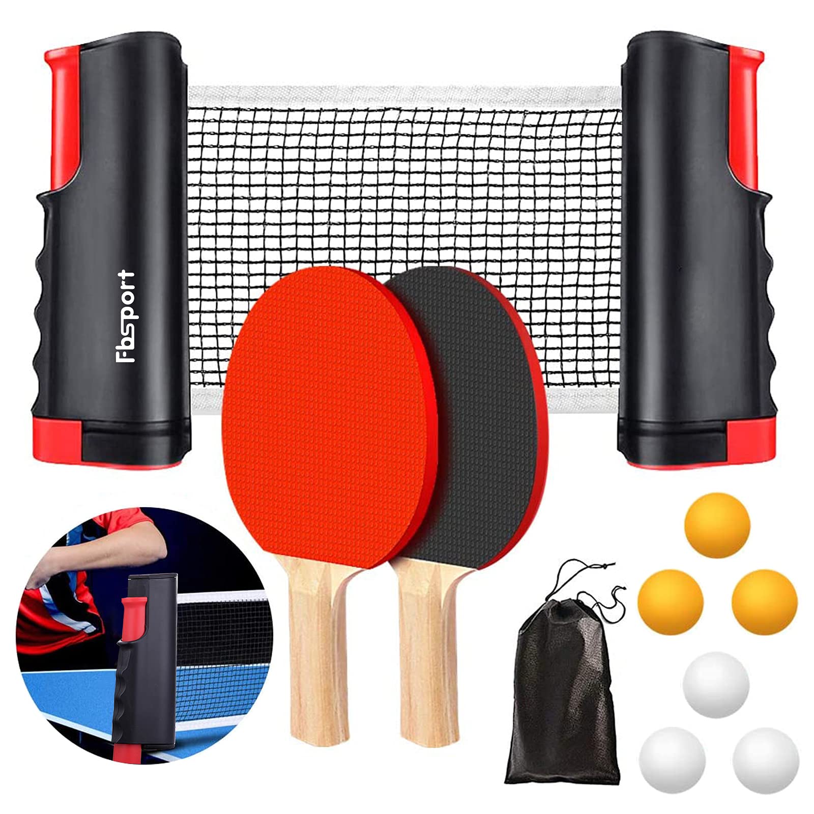 FBSPORT Table Tennis Set, Ping Pong Bats Set with 2 Paddles, 1 Retractable Net, 