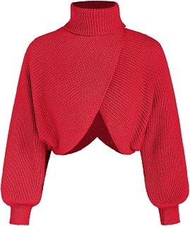 CIDER Women Short Sweaters Turtleneck Long Sleeve Ribbed Knit Lantern Pullover Autumn Sweater