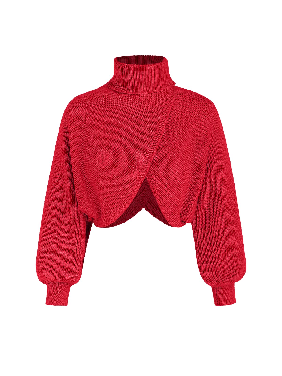 CIDER Women Short Sweaters Turtleneck Long Sleeve Ribbed Knit Lantern Pullover A