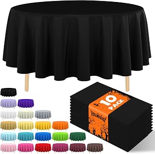JHDZDHY 10 Pack Black Round Tablecloth 84 Inch Round Plastic Table Cloth Disposable Waterproof Table Cover for Wedding Birthday Bridal Shower Party Decorations