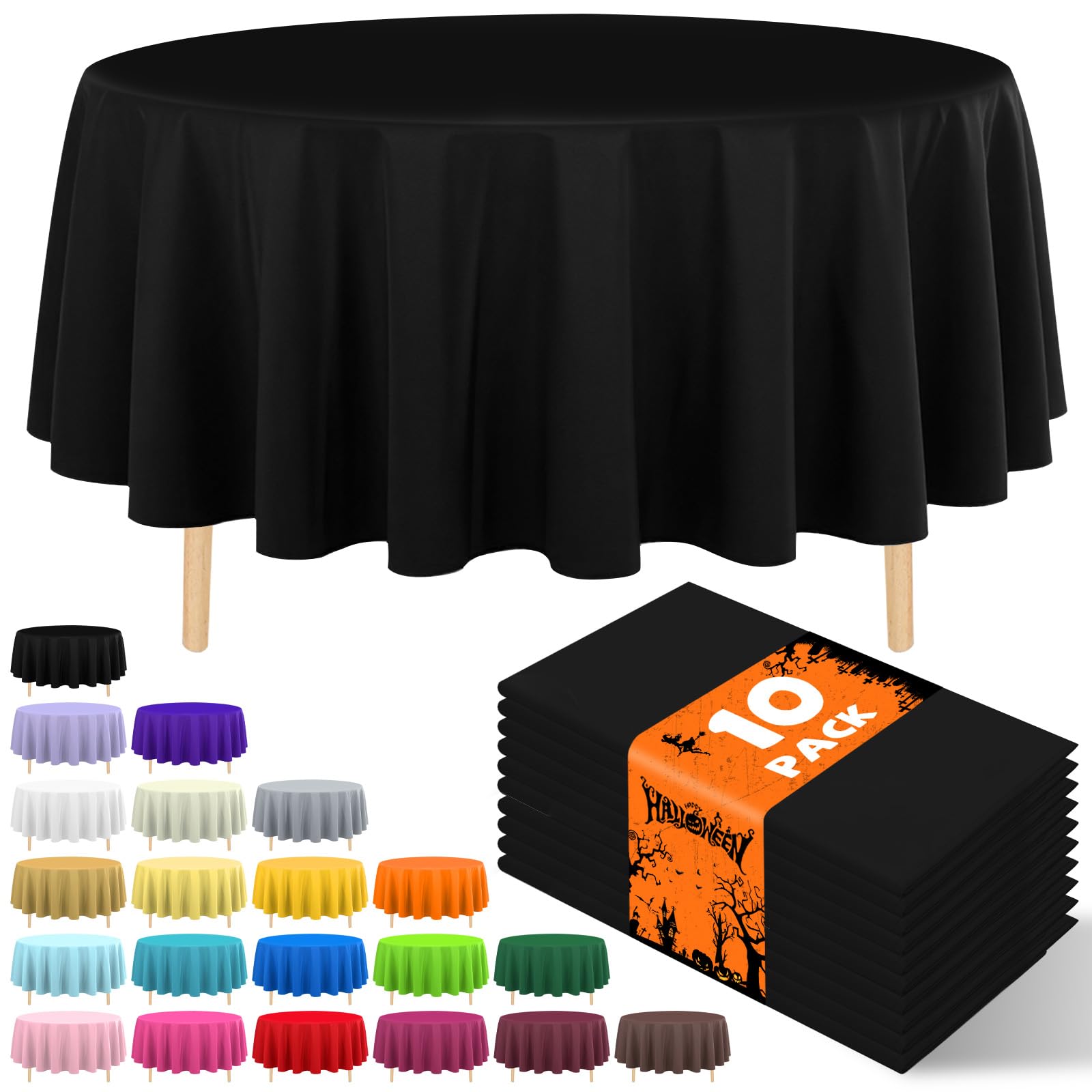 JHDZDHY 10 Pack Black Round Tablecloth 84 Inch Round Plastic Table Cloth Disposa