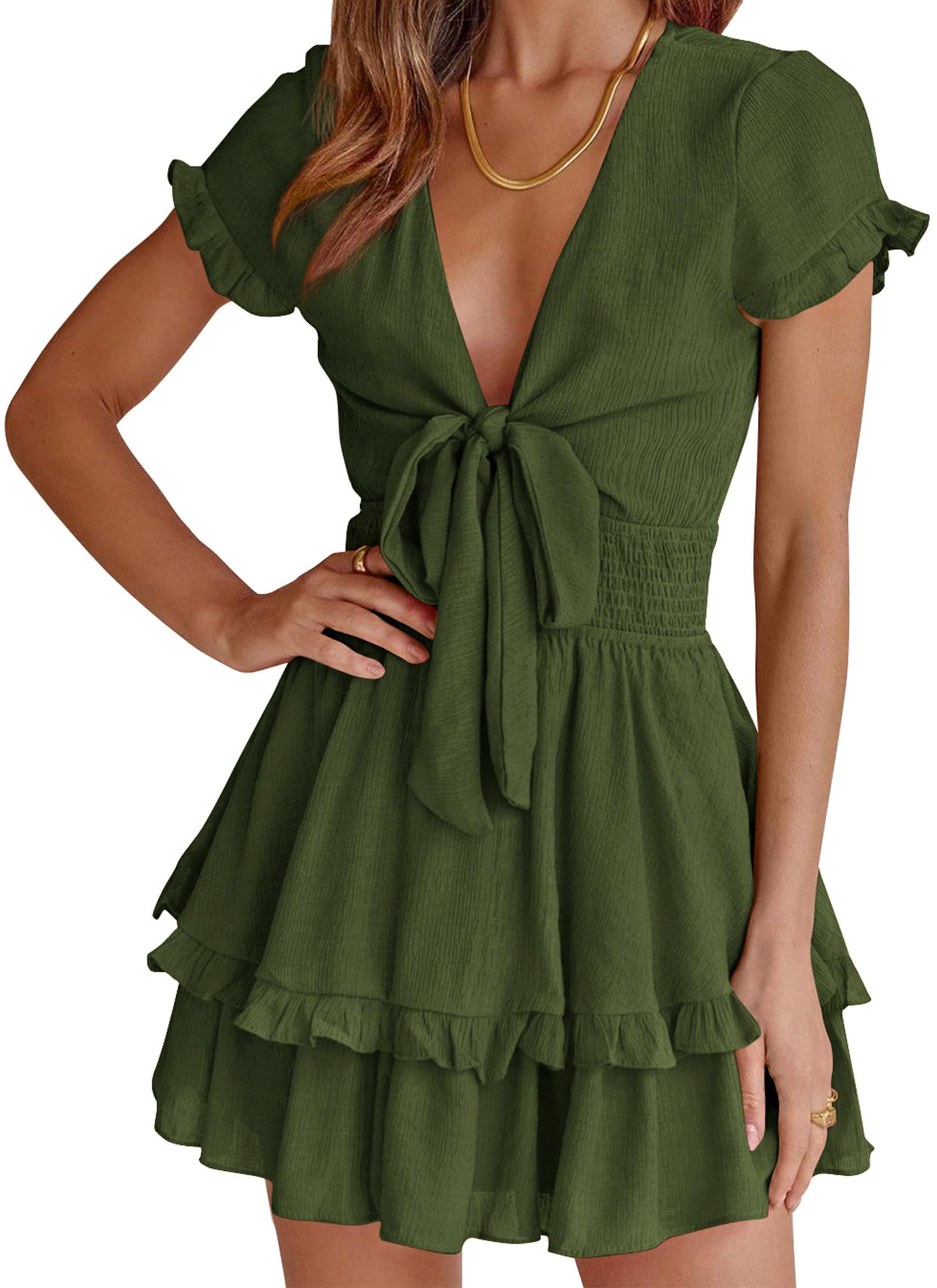 PRETTYGARDEN Women Mini Dress 2023 Summer Swing Tie Front V Neck Short Sleeve Ru