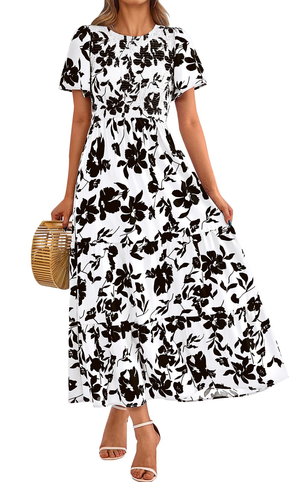 PRETTYGARDEN Women's Smocked Top Summer Dresses for Women 2025 Short Sleeve Flor