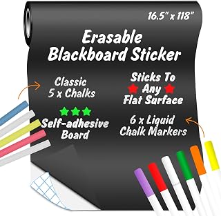 Large Chalkboard Wall Sticker, ACVVIP Self-Adhesive Chalk Board - 16.5" x 118" (9.8 ft) - 6 Chalk Markers & 5 Chalks & 1 Eraser Cloth – Blackboard Sticker for Classroom, Home, Office