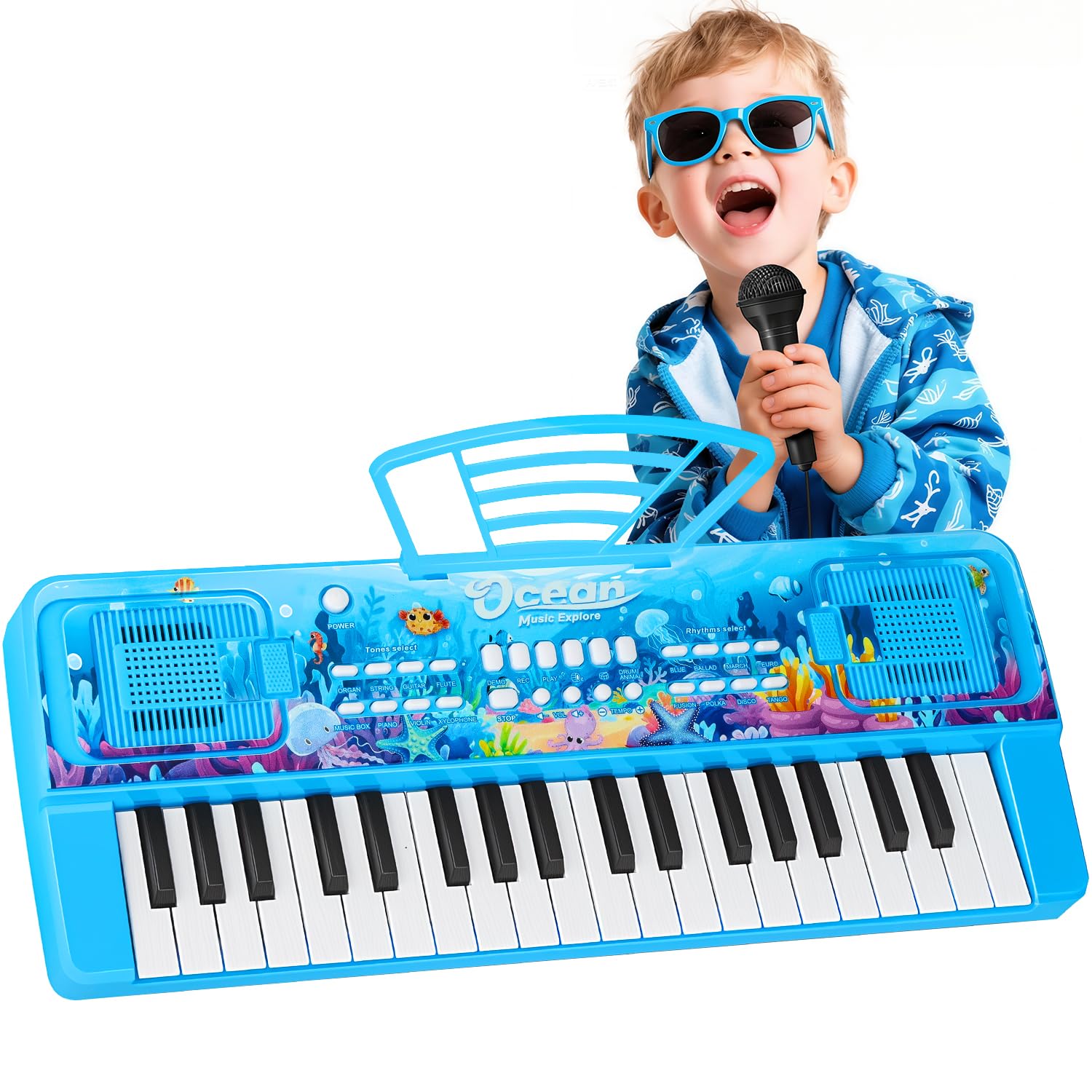 Upgraded 37 Keys Kids Piano Keyboard with Microphone Music Stand - Blue | Portab