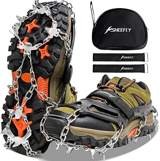 SHEEFLY Crampons Ice Cleats Traction, 19 Spikes Snow Grips Ice Grippers Traction Anti-Slip Stainless Steel Spikes for Shoes and Boot,Microspikes for Running,Hiking,Climbing,Fishing,Running
