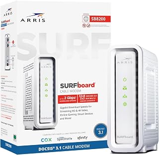 ARRIS SURFboard SB8200 DOCSIS 3.1 Cable Modem | Up to 1 Gbps Plans | Two 1 GbE ports deliver up to 2 Gbps wired aggregate; works with Xfinity, Cox, Spectrum; modem only, router required.