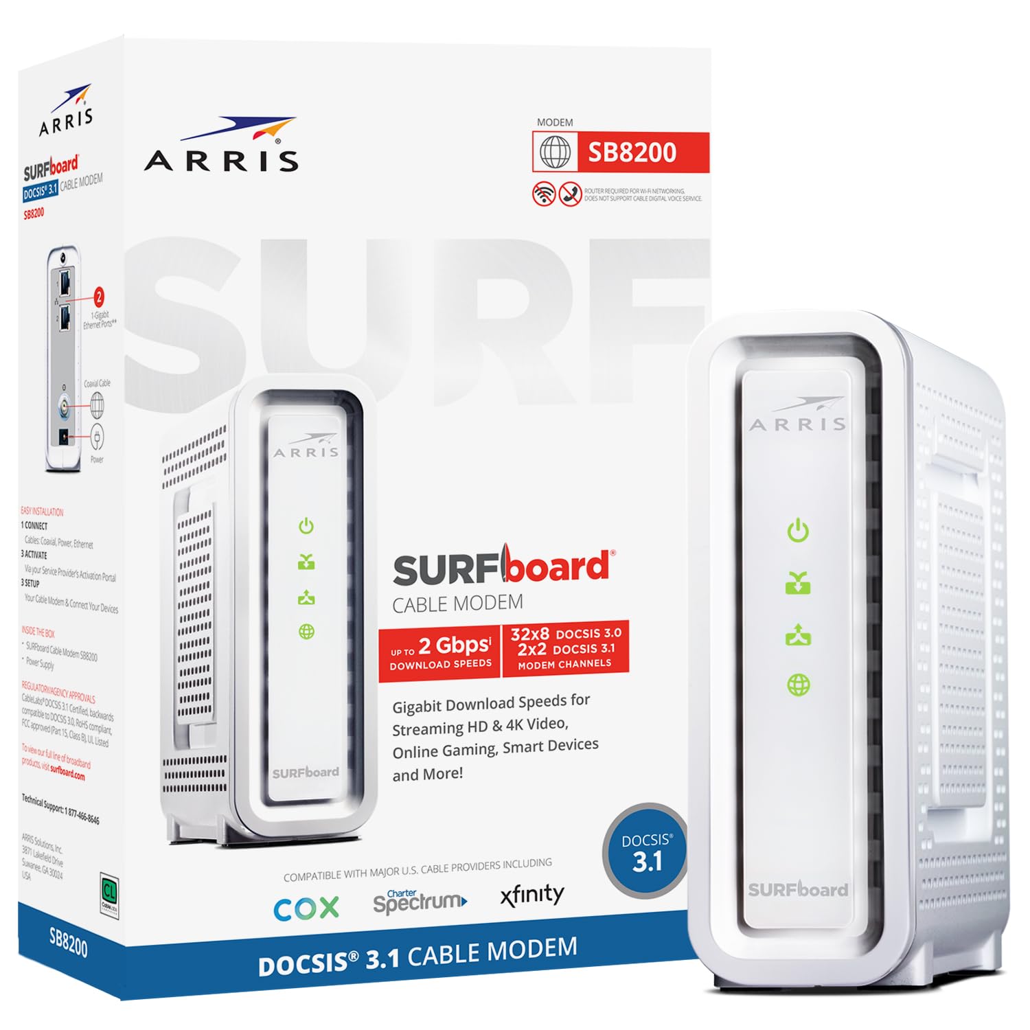 ARRIS SURFboard SB8200 DOCSIS 3.1 Cable Modem | Up to 1 Gbps Plans | Two 1 GbE p