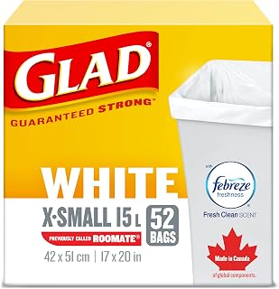 Glad White Garbage Bags - X-Small 15 Litres - Febreze Fresh Clean Scent, 52 Trash Bags, Made in Canada of Global Components