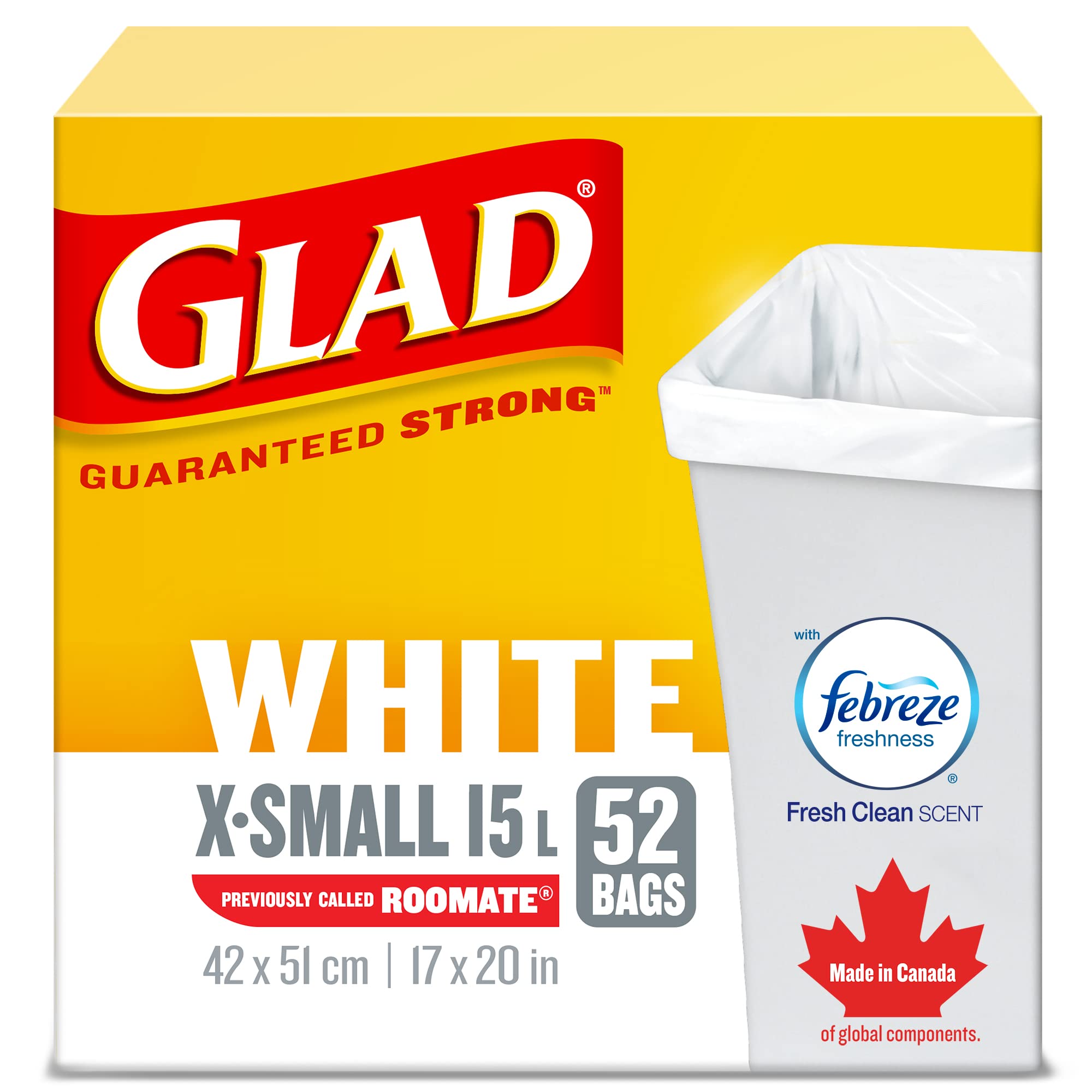 Glad White Garbage Bags - X-Small 15 Litres - Febreze Fresh Clean Scent, 52 Tras