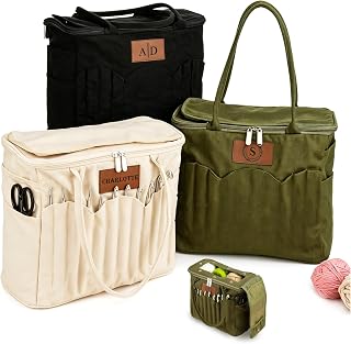 Phexilo Personalized Knitting Bag with Name Leather Patch, Canvas Yarn Bag | Canvas Crochet Organizer with Multiple Pockets and Yarn Holes, Knitting Bag for Crochet Lovers, Mom, Grandma, Birthday Gifts