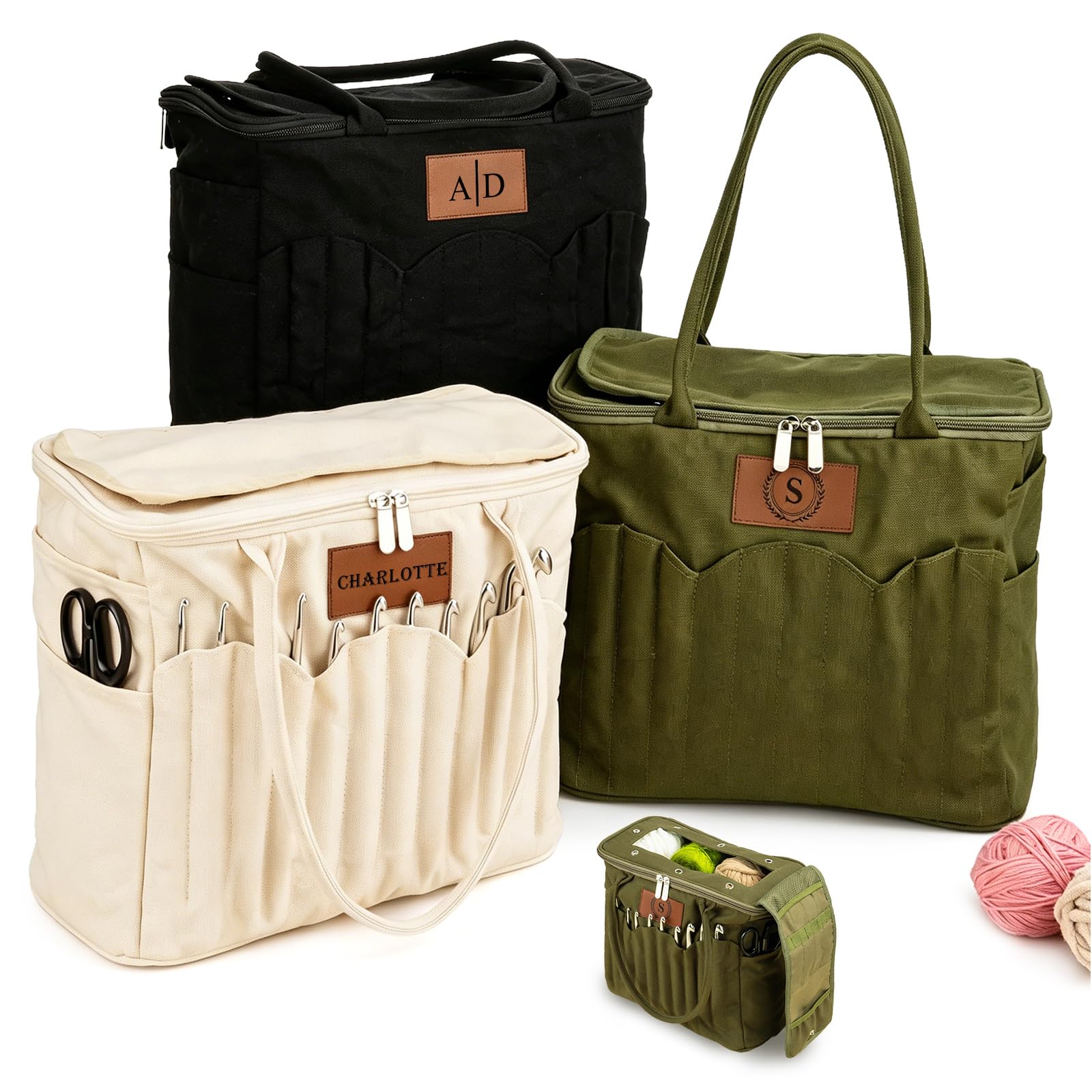 Phexilo Personalized Knitting Bag with Name Leather Patch, Canvas Yarn Bag | Can