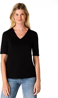 Cable & Gauge Women's Juliana Crepe V-Neck Top Flattering Elbow Length Sleeves Soft Viscose Spandex Fabric Casual Tee