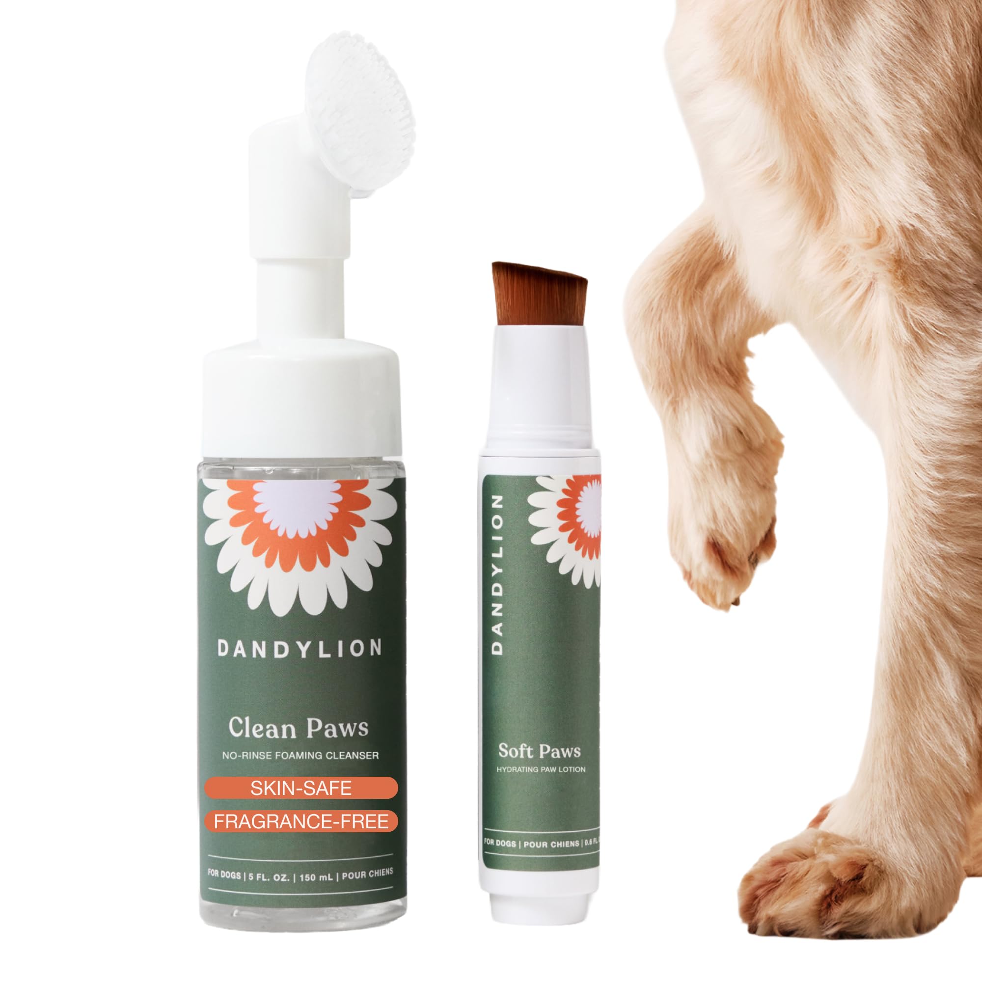Dandylion Dog Paw Cleaner and Paw Balm Brush Duo, Foam Wash, Fragrance-Free | Do