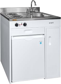 Avanti Full Compact Kitchen, Built in Kitchenette with Stainless Steel Countertop with Sink and Chrome Faucet, Two Element Cooking Range, 2.2 Cu.Ft. Refrigerator & Storage Space, 30-Inch, White