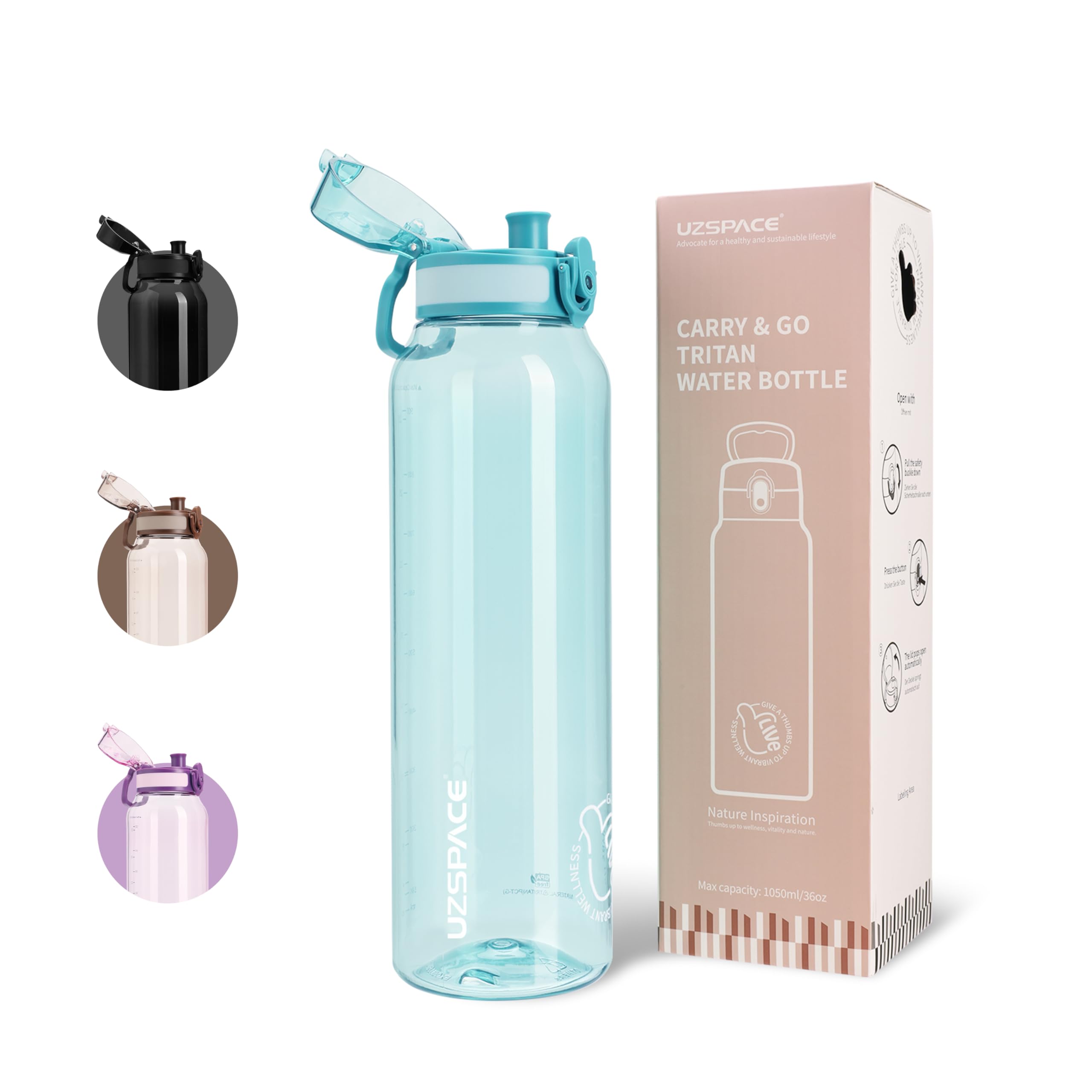 UZSPACE Sports Water Bottle 1L Leak Proof Dishwasher Safe Carbonated Acid Safe G