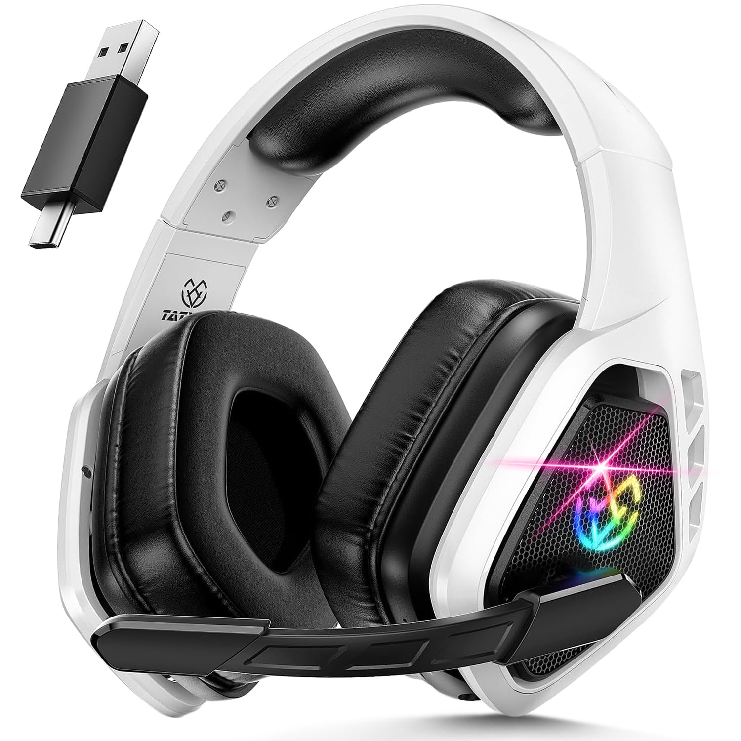 Tatybo Wireless Gaming Headset with Mic, 7.1 Sound 50mm Driver, White Black | FP