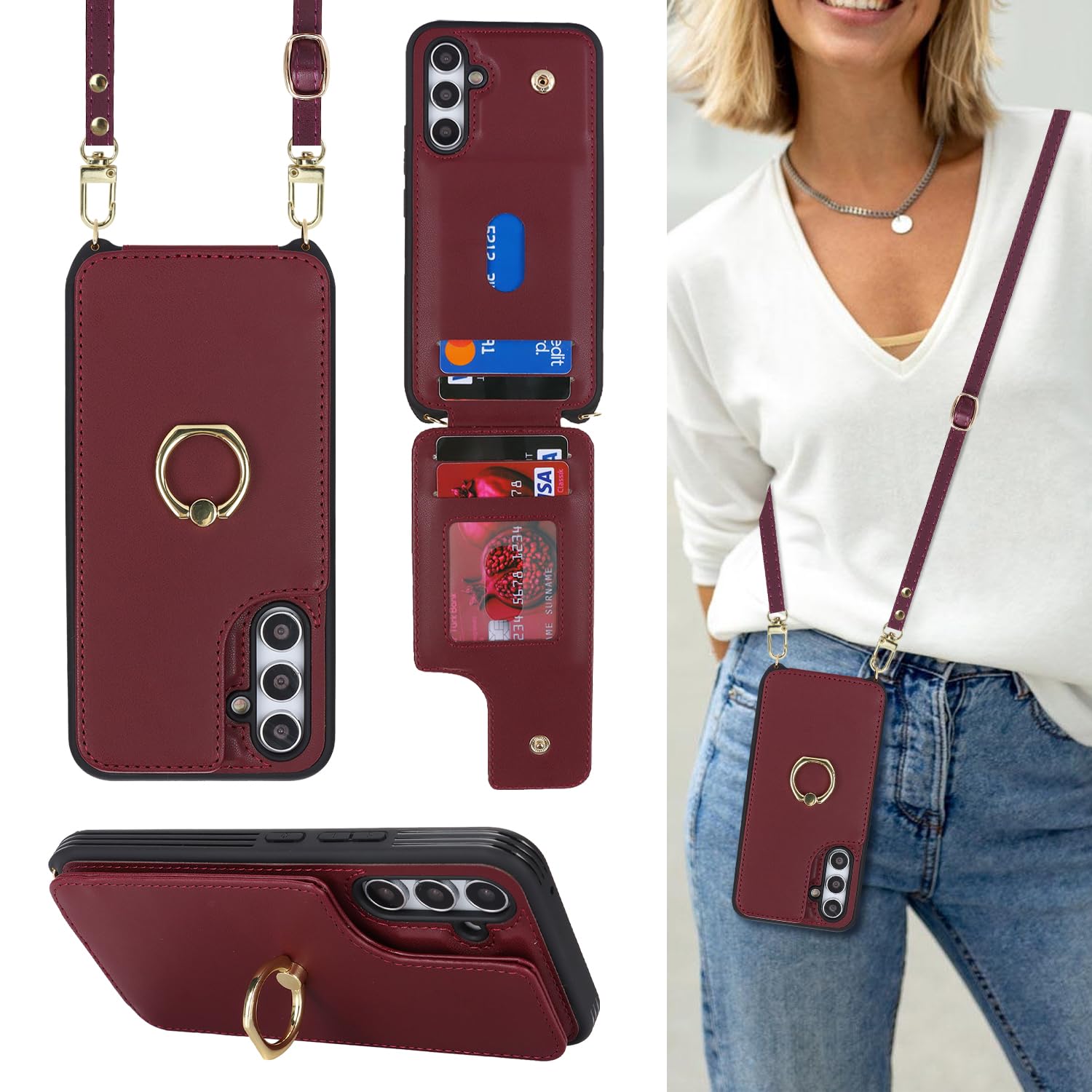Lipvina for Samsung Galaxy A54 Case with Strap,Wine Red