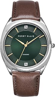 Perry Ellis Slim Diamond Men’s Watch – Round Green Dial, Brown Leather Strap, Silver Finish, Water-Resistant Analog
