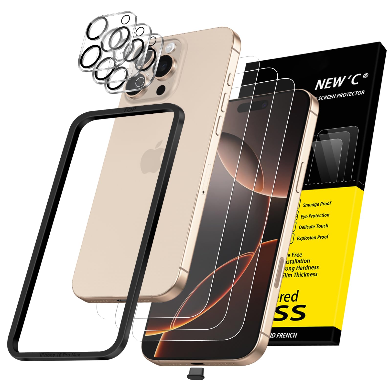 NEW'C for iPhone 16 Pro Max Screen Protector + Camera Lens Protector + Tool | 6 