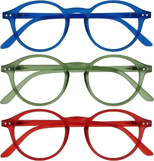 OPULIZE REY Reading Glasses - 3-Pack - Retro Round Frame - Matt Blue, Green, Red - Mens Womens - Spring Hinges - RRR56-36Z - +3.00