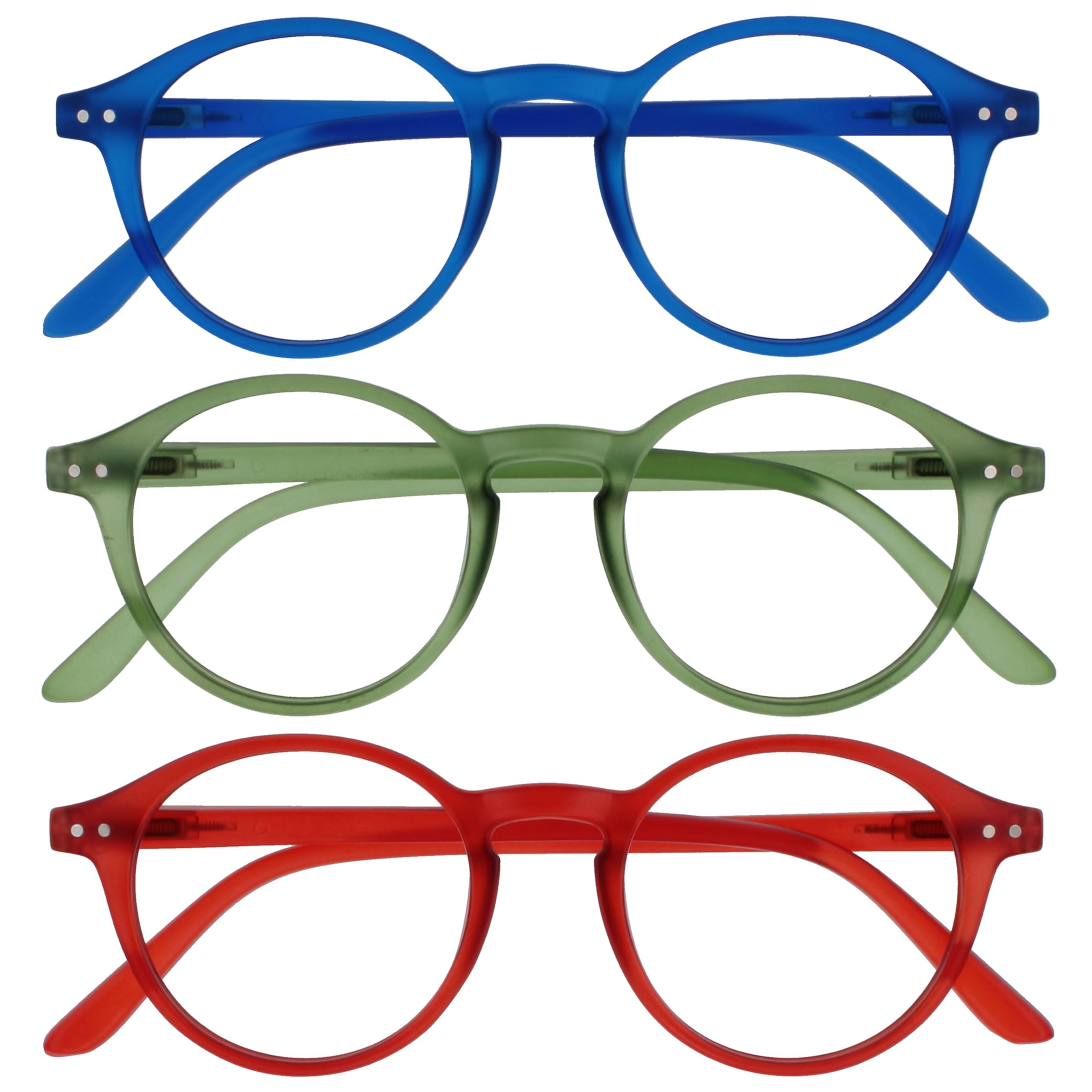 OPULIZE REY Reading Glasses - 3-Pack - Retro Round Frame - Matt Blue, Green, Red