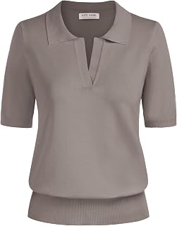 Kate Kasin Women Short Sleeve V-Neck Polo Shirt Casual Ribbed Pullover Loose Sweater