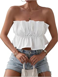 GORGLITTER Women's Ruffle Bubble Tube Tops Strapless Bandeau Peplum Shirts