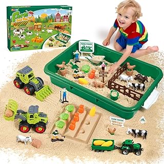 FRUSE Farm Sensory Bin Toys with 1 KG Play Sand and Sandbox for Kids 3-8 | Sensory Play Sand Kit, Farm Ainmal Figures Toy, Tractor Toys, Sand Box with Cover, Sandbox, Sand Toys, Gift for Kids