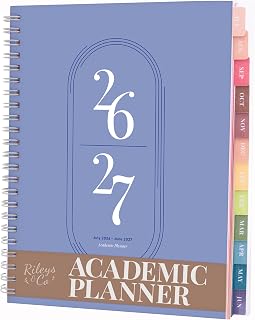 Rileys Academic Day Planner 2026-2027, 8 x 6 Inch, Blue, Twin-Wire Binding | Weekly Agenda Layout With Monthly Tabs And Two-Page Spreads, Plus A Full 3-Year Overview, Great For School, Home, Or Office