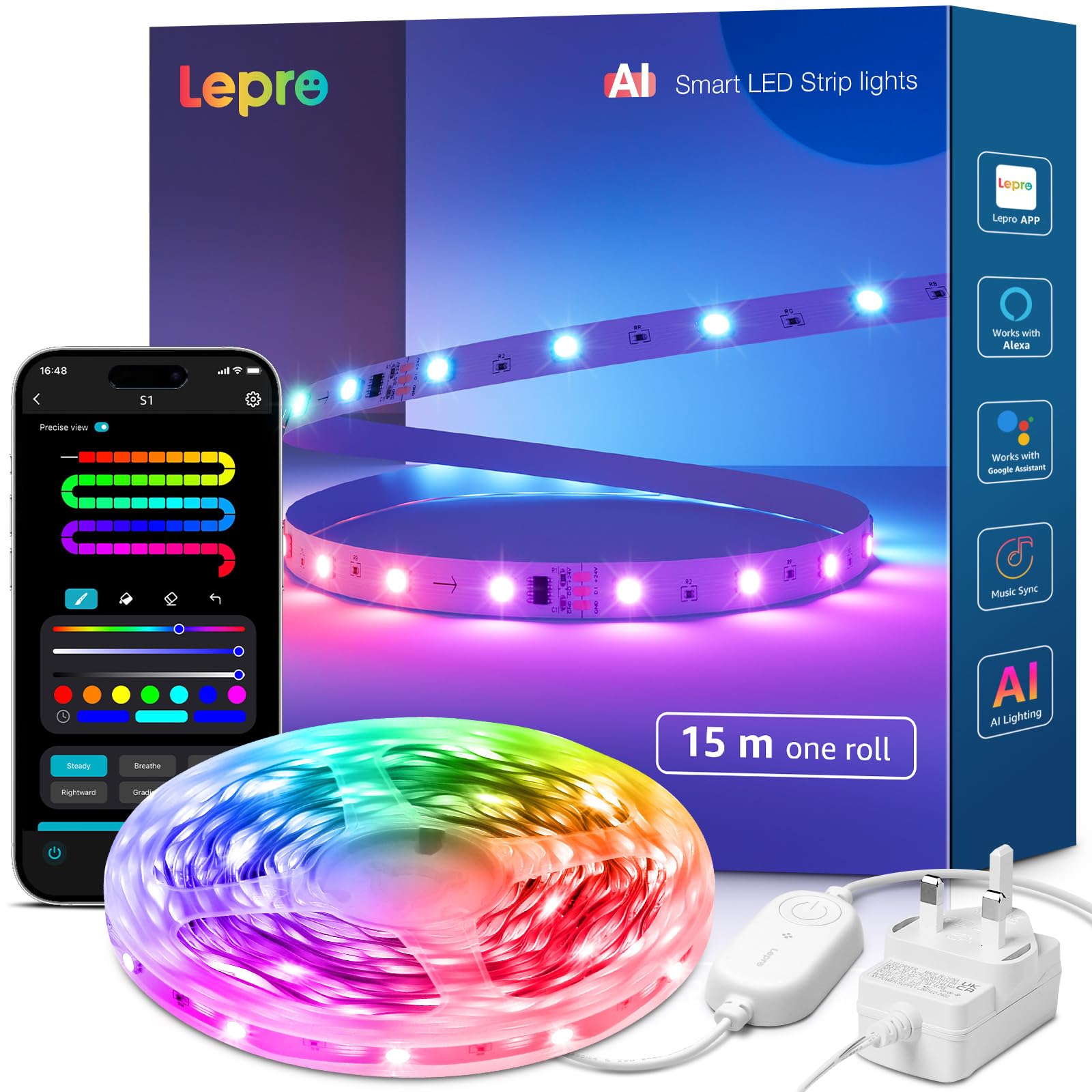 Lepro S1 AI Smart LED Strip Light 15M RGB+IC, Music Sync, App/Voice Control