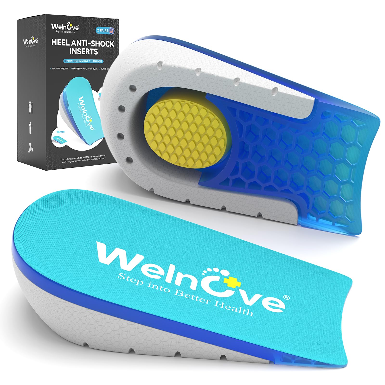 Welnove Shoe Inserts Gel Heel Cushion Cup for Achilles Tendonitis, Plantar Fasci