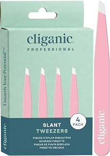 Cliganic Professional Eyebrow Tweezers Slant Tip - Precision for Men & Women, Stainless Steel Best for Plucking Chin Facial Hair (Pink, 4 Pack)
