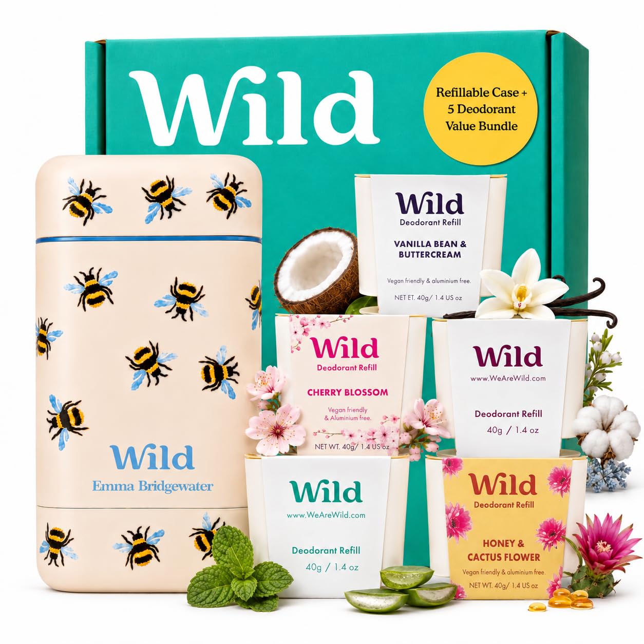 Wild Refillable Natural Deodorant Starter Kit Bee Print Case & 5 Refills