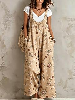 Women's Floral Polka Dot Wide Leg Jumpsuits U Neck Sleeveless Loose Casual Jumpsuits with Pockets