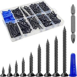 Wensilon 385PCS Wood Screws Assortment Kit, Black Flat Head Screws | Multiple Size Wood Screw Set with Drywall Anchors for Furniture Assembly, Woodworking, DIY Projects and Home Repair